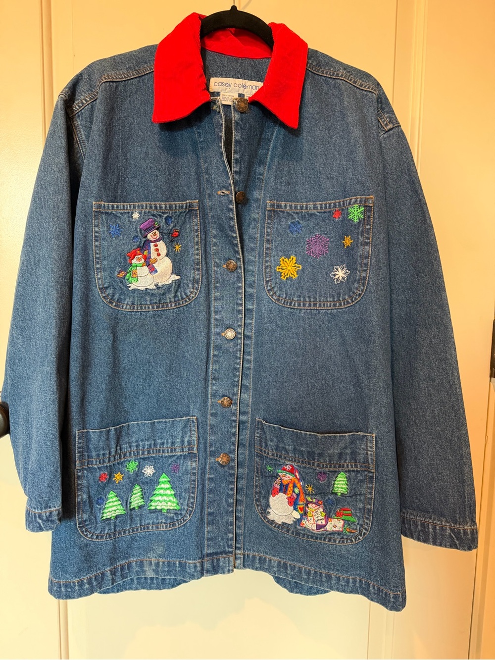 Vintage Casey Coleman Holiday Snowman Embroidered Denim Chore Jacket ML